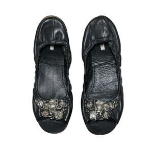 Miu Miu Black Leather Crystal Jewel Embellished Open Toe Ballet Flats Size 40